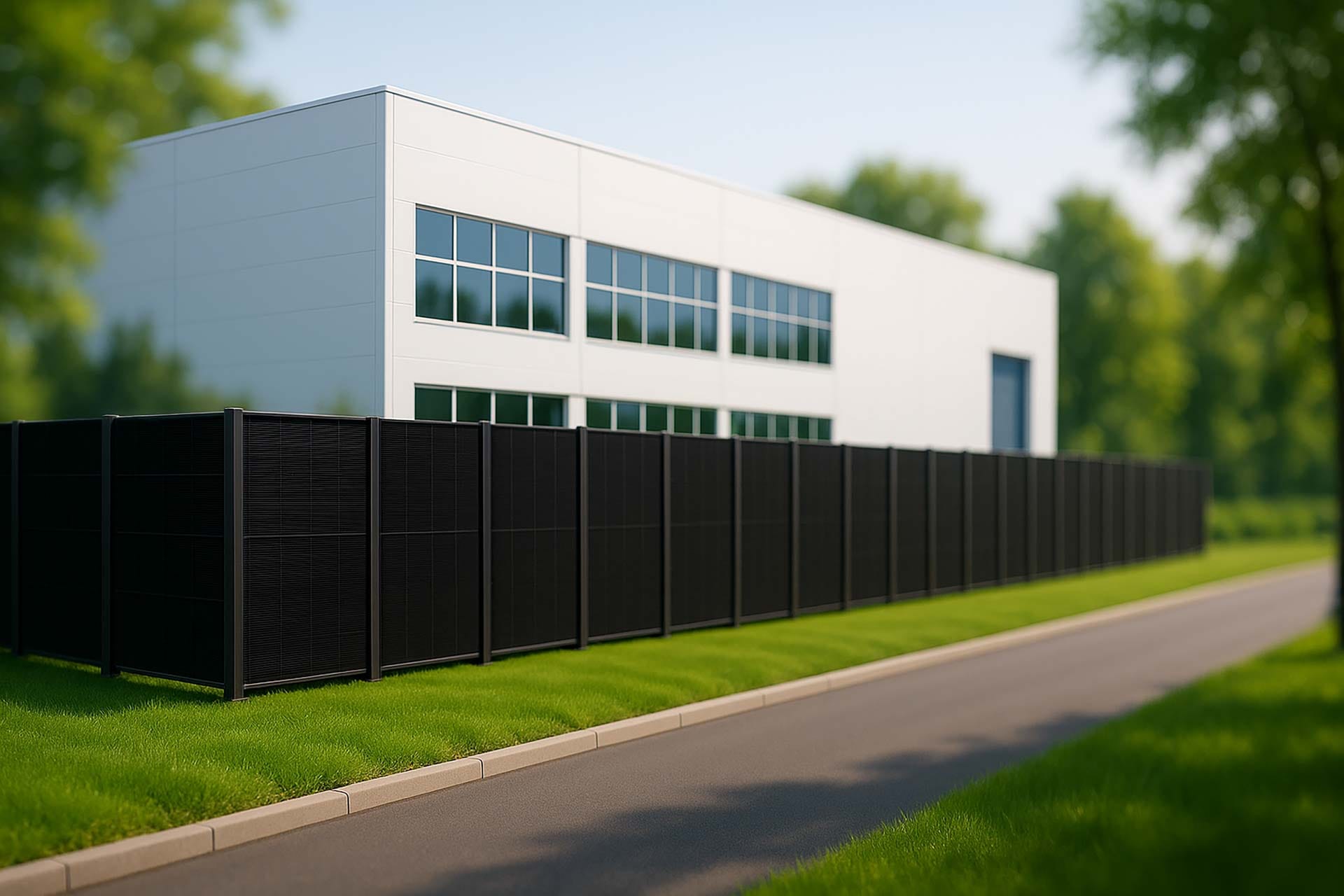Gewerbliches Gebäude mit EFFICIENZA Solarzaun – vertikale PV für Industrie