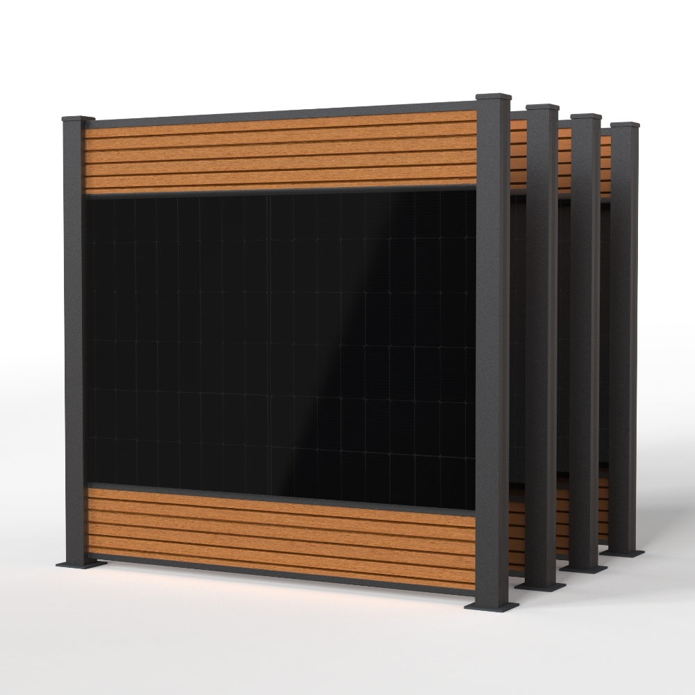 falagotti Zaunkraftwerk Eleganza 1600 W in Teak mit vier PV-Zaunfeldern