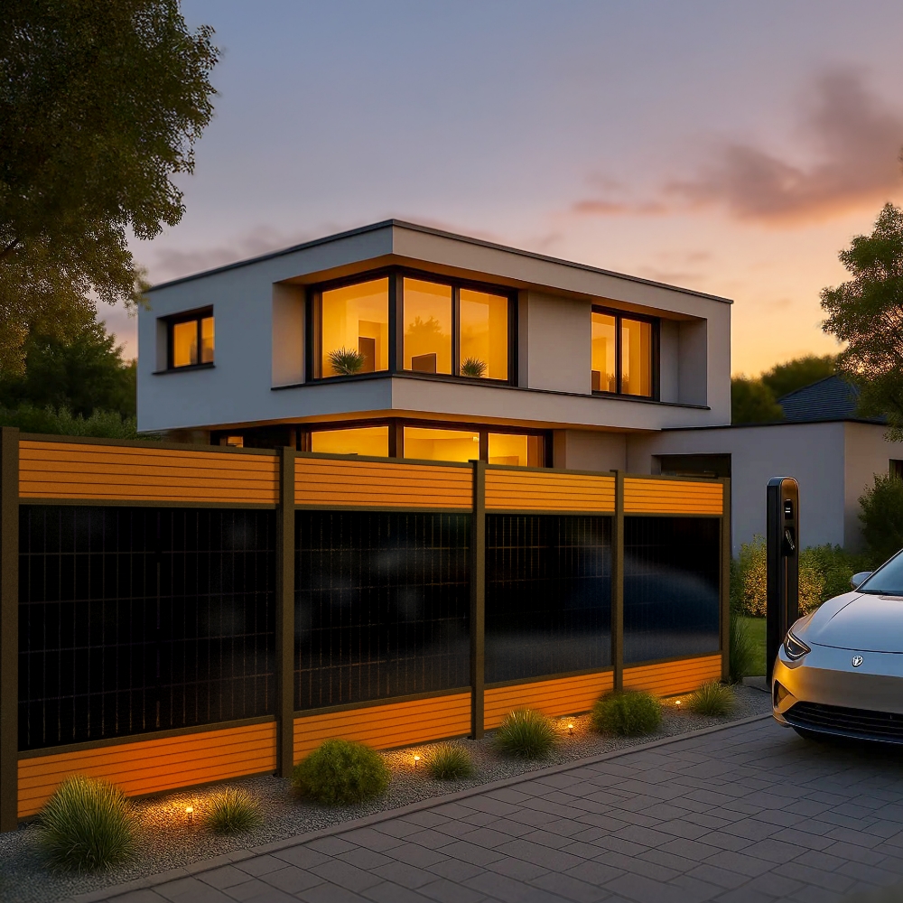 falagotti Zaunkraftwerk Eleganza mit Wallbox und Elektroauto vor modernem Haus