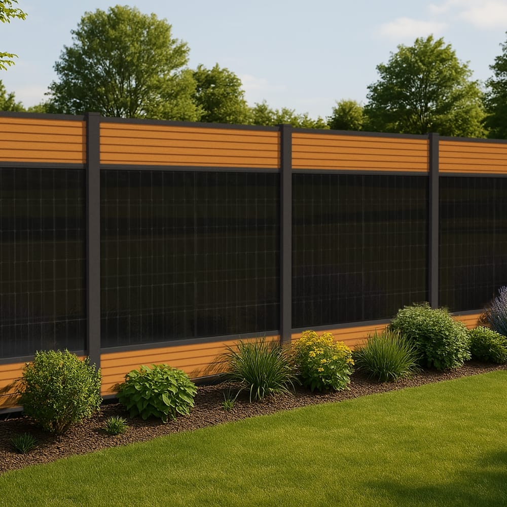 falagotti Solarzaun Eleganza mit WPC in Teak neben bepflanztem Gartenbeet