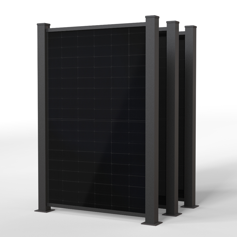 falagotti Zaunkraftwerk Efficienza 1200 W in RAL 7016 mit drei vertikalen PV-Zaunfeldern