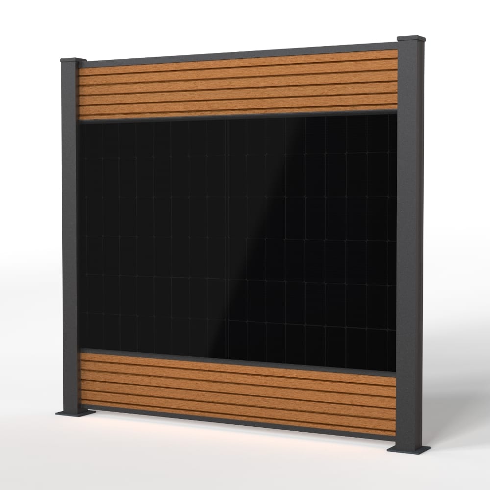 falagotti Solarzaun Eleganza in Teak mit PV-Modul und WPC-Lamellen