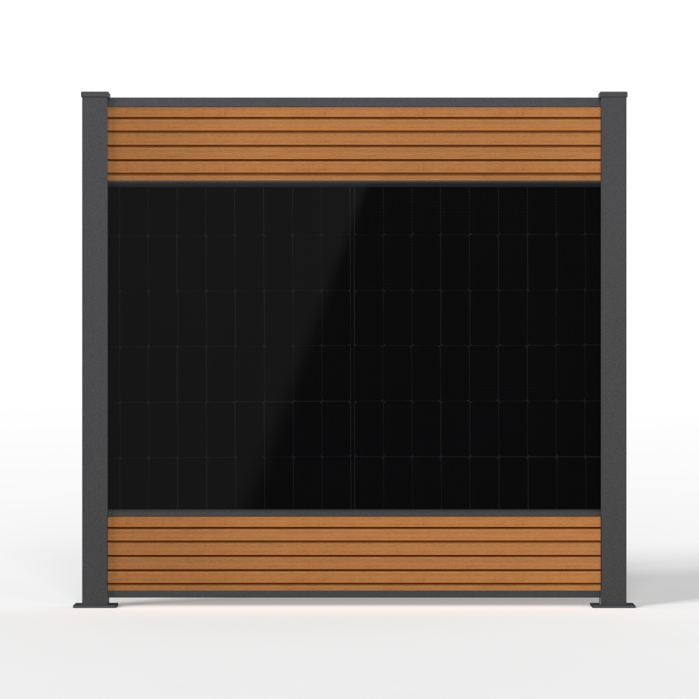 falagotti Solarzaun Eleganza in Teak mit PV-Modul und WPC-Lamellen