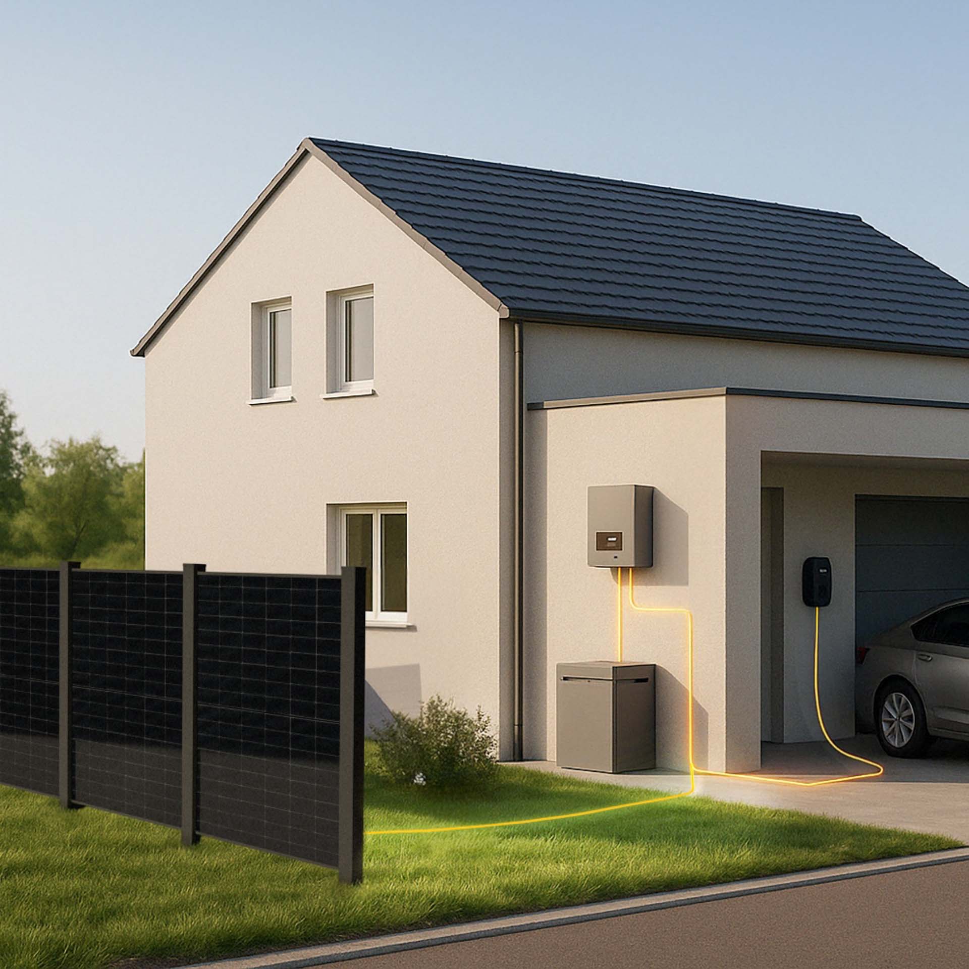 Modernes Haus mit EFFICIENZA Solarzaun E-Auto und Wallbox – ganzheitliches Energiesystem