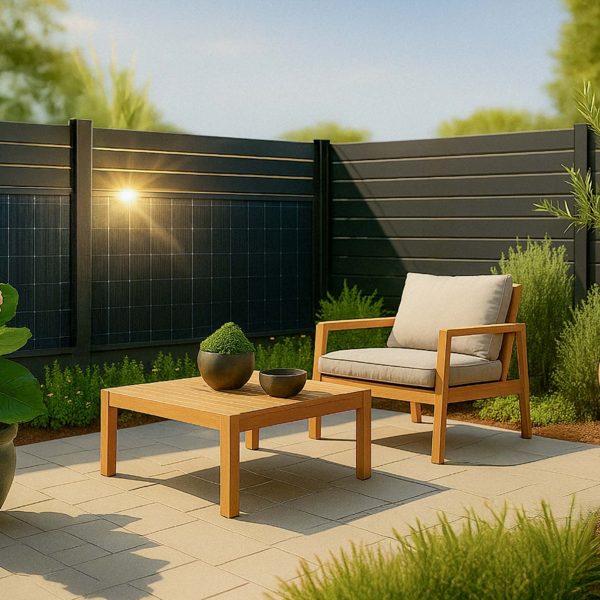 Solarzaun ALUNA auf der Terrasse – moderner Sichtschutz mit Solarstrom